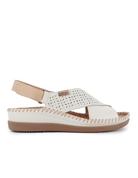 Sandalia piel picados con cuña y velcro mujer blanca