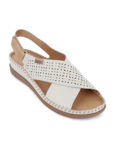 Sandalia piel picados con cuña y velcro mujer blanca