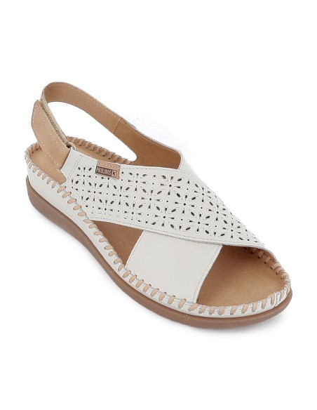 Sandalia piel picados con cuña y velcro mujer blanca