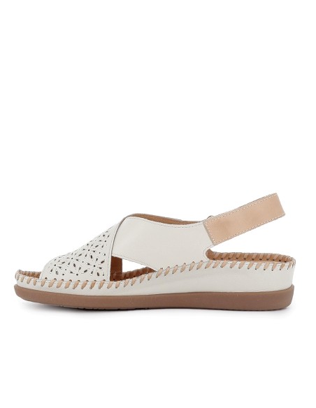 Sandalia piel picados con cuña y velcro mujer blanca