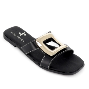 Zueco piel hebilla grande metal plano mujer negro 2