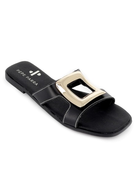 Zueco piel hebilla grande metal plano mujer negro