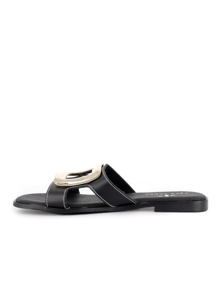 Zueco piel hebilla grande metal plano mujer negro