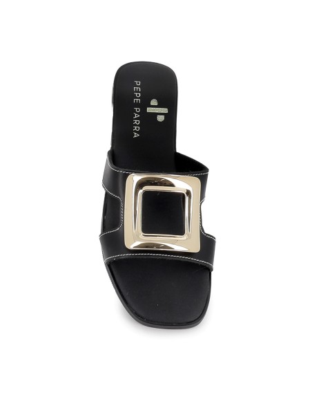 Zueco piel hebilla grande metal plano mujer negro