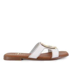 Zueco piel hebilla grande metal plano mujer blanco