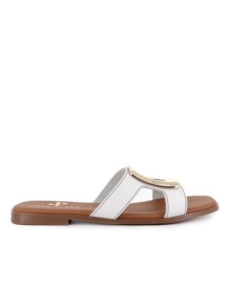 Zueco piel hebilla grande metal plano mujer blanco