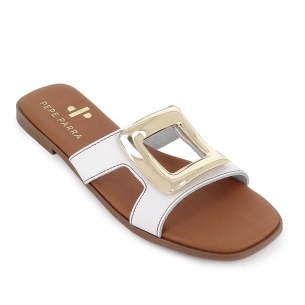 Zueco piel hebilla grande metal plano mujer blanco 2