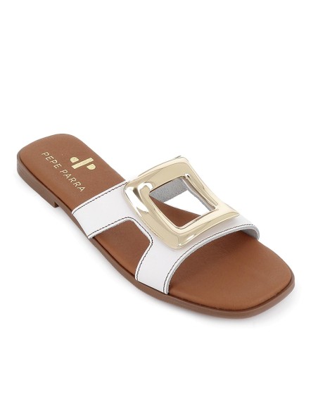 Zueco piel hebilla grande metal plano mujer blanco