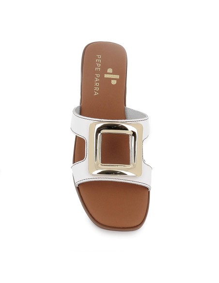 Zueco piel hebilla grande metal plano mujer blanco