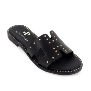 Zueco piel con tachas decorativas mujer plano negro 2