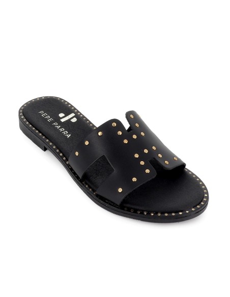 Zueco piel con tachas decorativas mujer plano negro