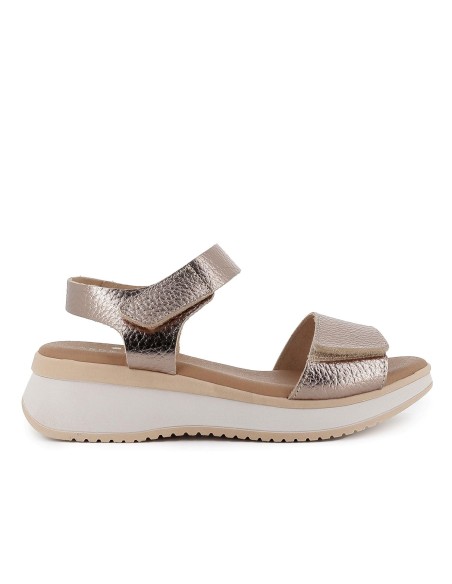 Sandalia piel tiras doble velcro y cuña mujer dorado