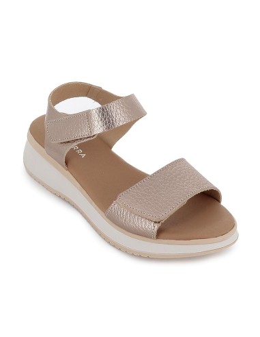 Sandalia piel tiras doble velcro y cuña mujer dorado