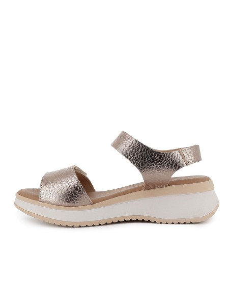 Sandalia piel tiras doble velcro y cuña mujer dorado