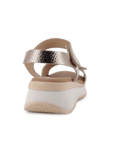 Sandalia piel tiras doble velcro y cuña mujer dorado