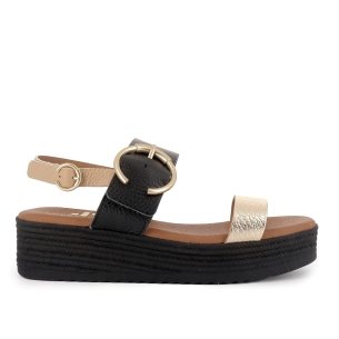 Sandalia abierta tiras y hebilla piel combinada cuña mujer negro