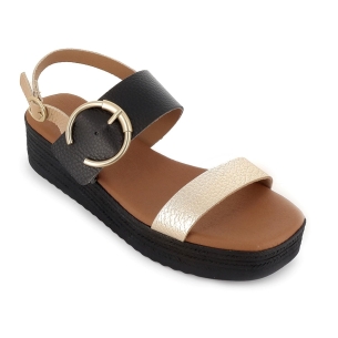 Sandalia abierta tiras y hebilla piel combinada cuña mujer negro 2