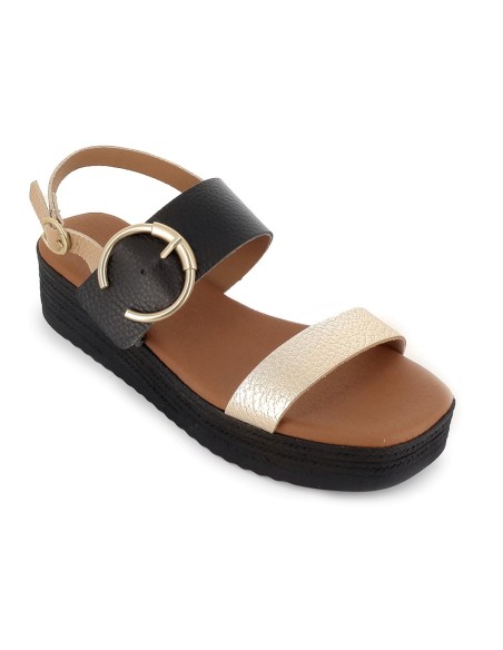 Sandalia abierta tiras y hebilla piel combinada cuña mujer negro