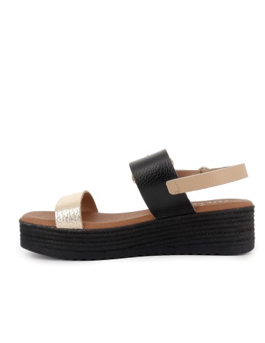 Sandalia abierta tiras y hebilla piel combinada cuña mujer negro