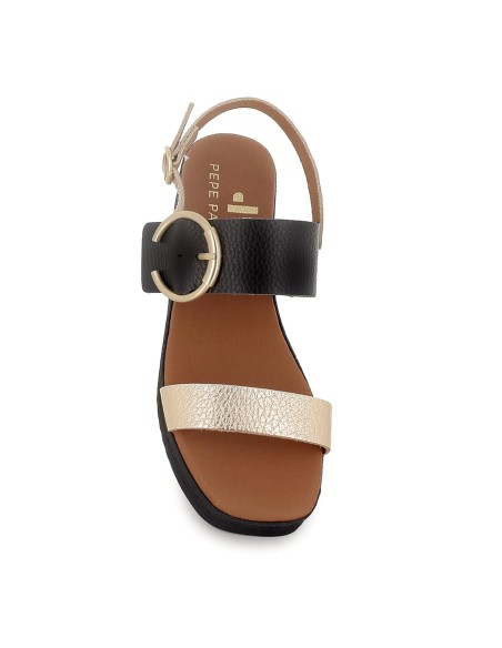 Sandalia abierta tiras y hebilla piel combinada cuña mujer negro