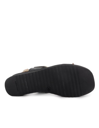 Sandalia abierta tiras y hebilla piel combinada cuña mujer negro