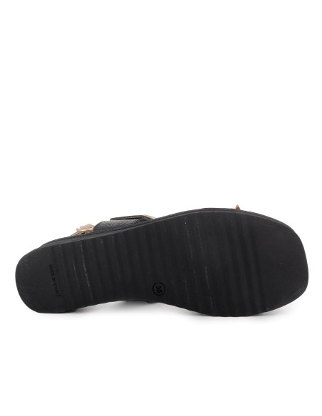 Sandalia abierta tiras y hebilla piel combinada cuña mujer negro