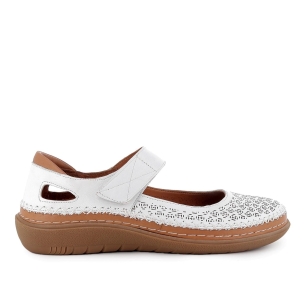 Zapato correa piel picados diseño velcro cuña media mujer blanco