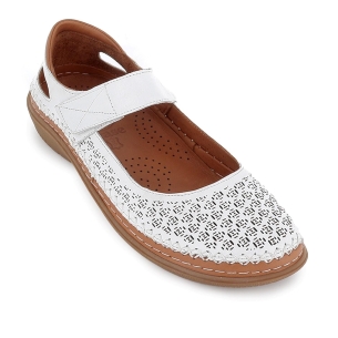 Zapato correa piel picados diseño velcro cuña media mujer blanco 2