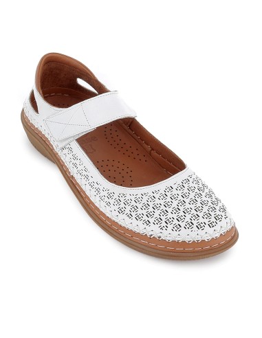 Zapato correa piel picados diseño velcro cuña media mujer blanco