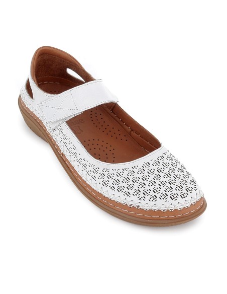 Zapato correa piel picados diseño velcro cuña media mujer blanco