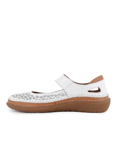 Zapato correa piel picados diseño velcro cuña media mujer blanco