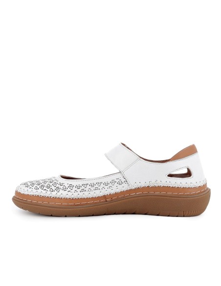 Zapato correa piel picados diseño velcro cuña media mujer blanco