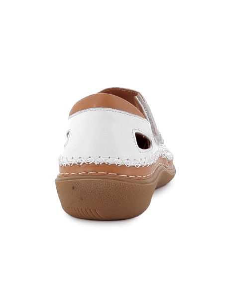 Zapato correa piel picados diseño velcro cuña media mujer blanco