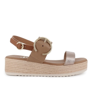 Sandalia abierta tiras y hebilla piel combinada cuña mujer taupe