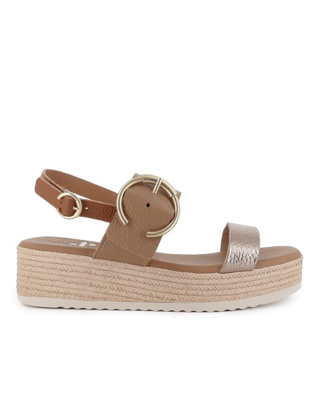 Sandalia abierta tiras y hebilla piel combinada cuña mujer taupe