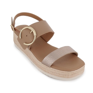 Sandalia abierta tiras y hebilla piel combinada cuña mujer taupe 2