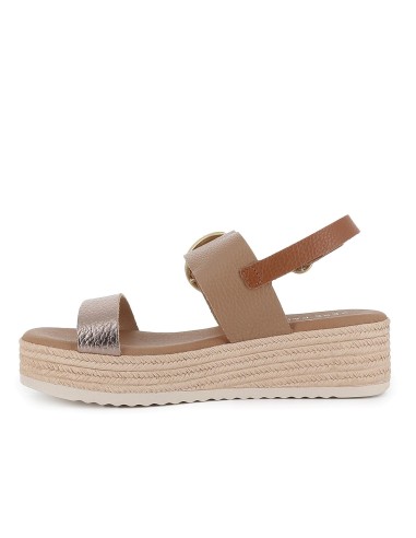 Sandalia abierta tiras y hebilla piel combinada cuña mujer taupe