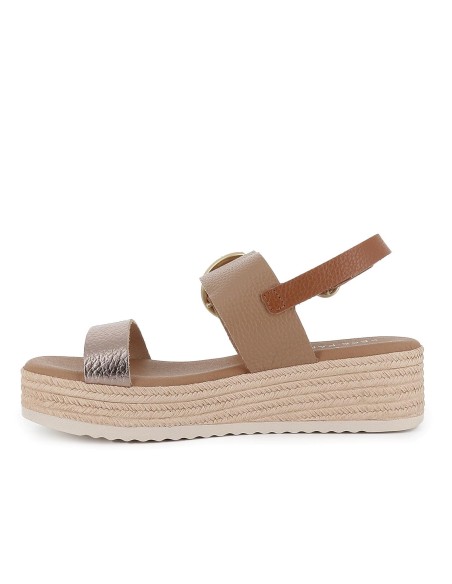 Sandalia abierta tiras y hebilla piel combinada cuña mujer taupe