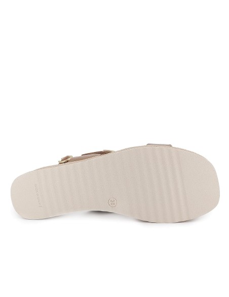 Sandalia abierta tiras y hebilla piel combinada cuña mujer taupe