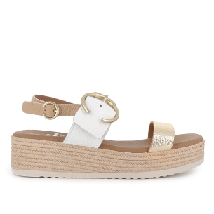 Sandalia abierta tiras y hebilla piel combinada cuña mujer blanco