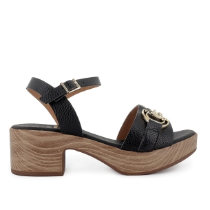 Sandalia piel suela cómoda con hebilla y tacon mujer negra