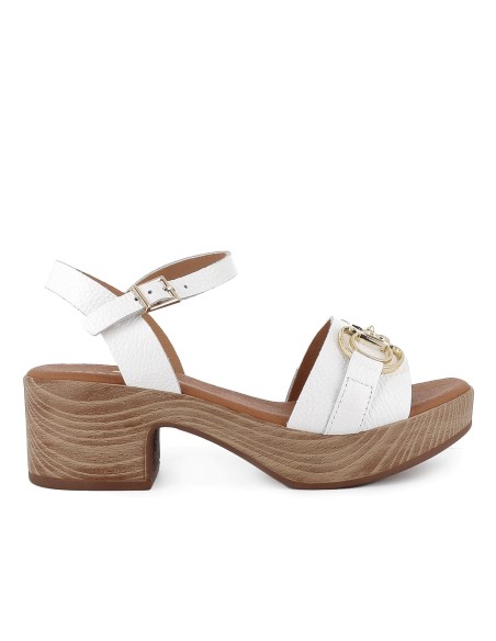 Sandalia piel suela cómoda con hebilla y tacon mujer blanca