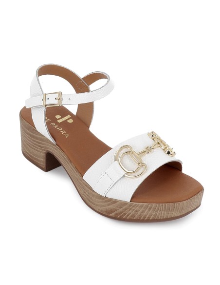 Sandalia piel suela cómoda con hebilla y tacon mujer blanca