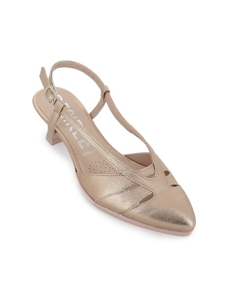 Salon destalonado piel multitiras tacon medio mujer dorado