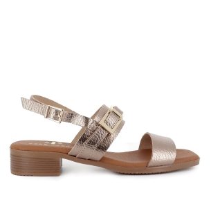 Sandalia tiras y hebilla decorativa piel tacón bajo mujer dorada