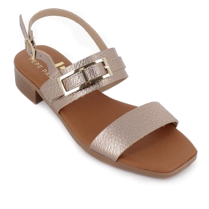 Sandalia tiras y hebilla decorativa piel tacón bajo mujer dorada 2