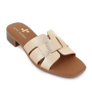 Zueco piel tacon bajo mujer dorado 2