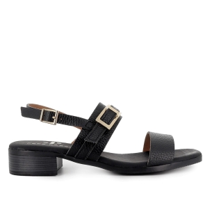 Sandalia tiras y hebilla decorativa piel tacón bajo mujer negra