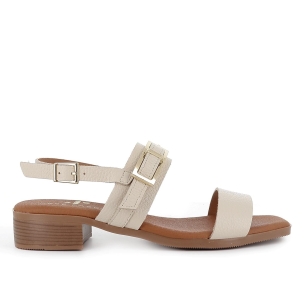 Sandalia tiras y hebilla decorativa piel tacón bajo mujer blanca