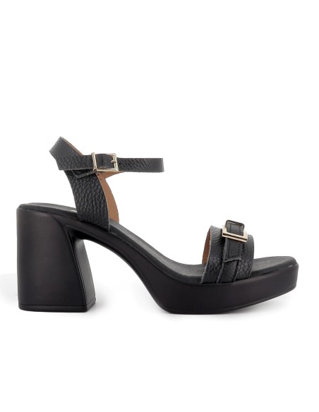 Sandalia piel suela cómoda con hebilla y tacon alto mujer negra